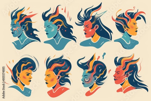 Collection of illustrations showcasing different hair styles  ideal for beauty and fashion concepts