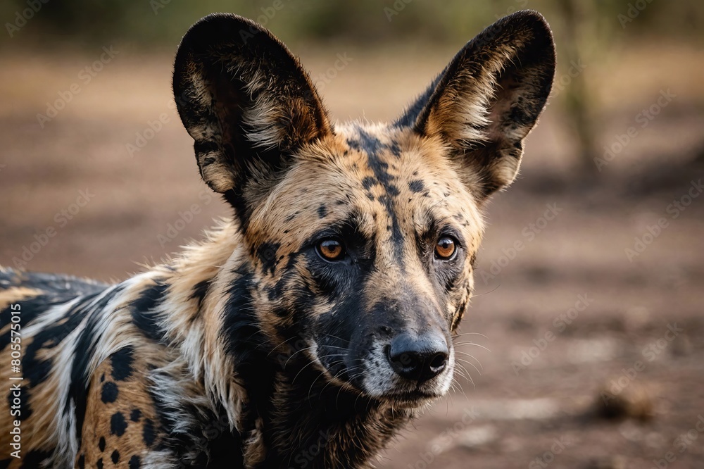 top close and full framed view of African Wild Dog head , detailed and sharp textures, large depth of field top close and full framed view of African Wild Dog head , detailed and sharp textures, large depth of field