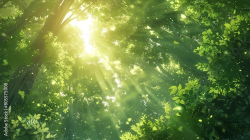 Background of fresh greenery and sunlight filtering through the trees