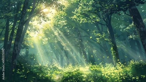 Background of fresh greenery and sunlight filtering through the trees