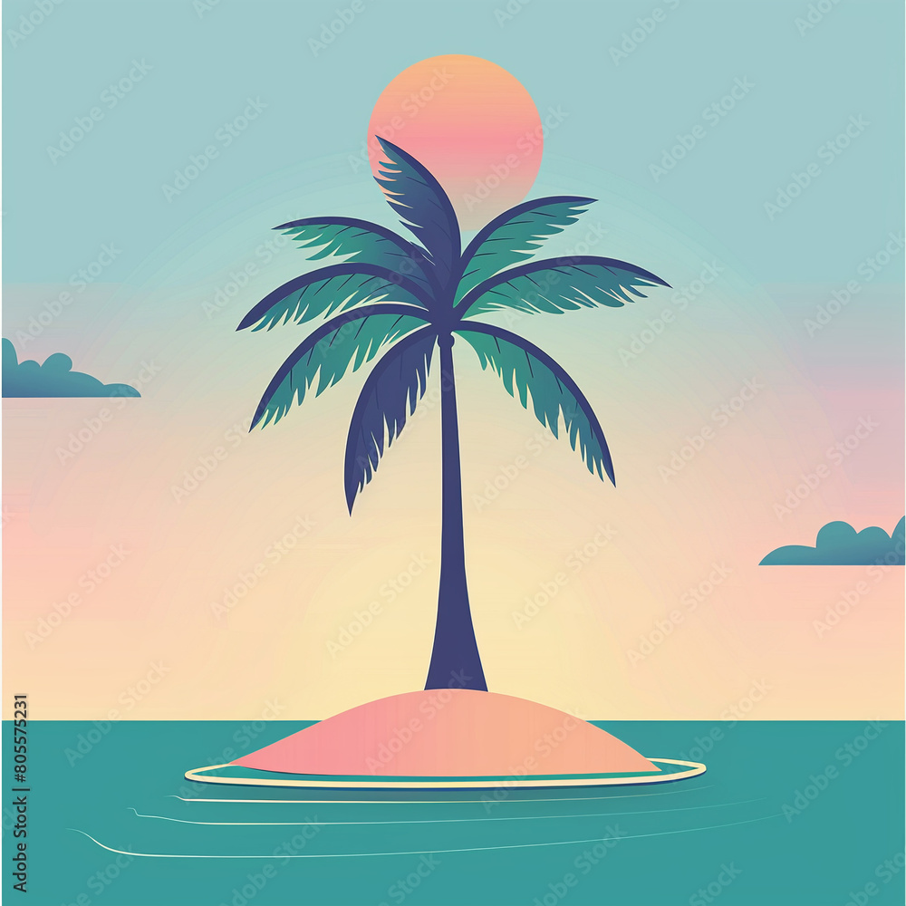 Illustration of Silhouette of a palm tree on a small island.