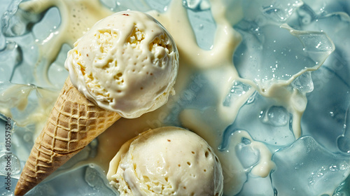 two scoops of vanilla ice cream in waffle cones ©  Riley