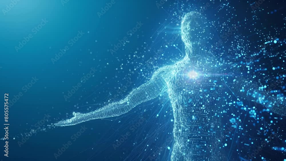 Illustration of a human being formed from grains dissipating energy power, fitness meditation pose; is perfect for background projects; sports, fitness, energy, 4k virtual video animation. Illustration of a human being formed from grains dissipating energy power, fitness meditation pose; is perfect for background projects; sports, fitness, energy, 4k virtual video animation.