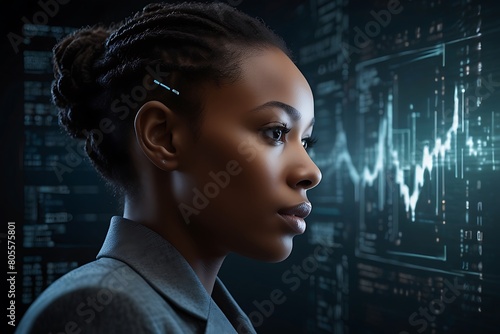AI cyber security threat illustration, black African American female IT specialist analyzing data information technology, augmented reality artificial intelligence collage, side profile, copy space.
