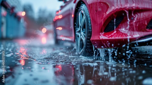 Red Car Driving Down Wet Street