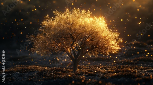 A golden tree shining in the dark