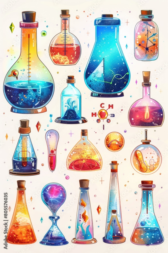 Various colored glass bottles filled with liquid. Great for product design concepts Various colored glass bottles filled with liquid. Great for product design concepts