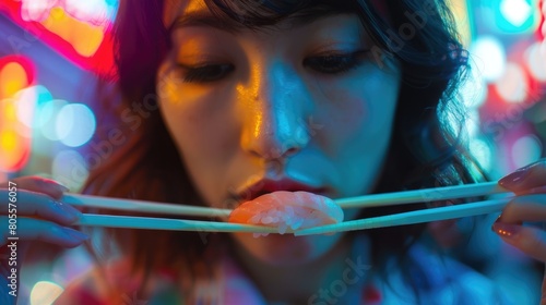 A woman with black hair is holding a tray of sushi, smiling with raised eyebrows and long eyelashes. Her facial expression exudes happiness and cool confidence, enjoying a leisurely and fun moment