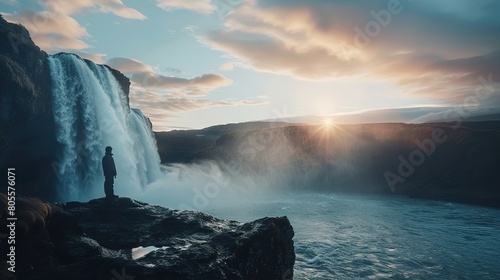 Majestic landscape of Godafoss waterfall flowing with colorful sunset sky and male tourist standing at the cliff on Skjalfandafljot river in summer at Northern Iceland photo