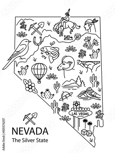Nevada State Related Line Icons. Simple set on Nevada shape map-Silver, Rodeo, Las Vegas, Hoover dam, trout, Bighorn sheep, Desert, Valley of fire, plants. Minimal style, editable stroke