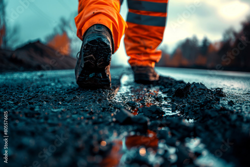 Laying asphalt by road workers. Road repairs photo