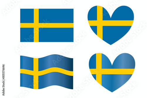 Flag of Sweden isolated elements set flag standard waving flying heart shape for Sweden National festival day decoration vector illustration.  
