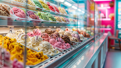 A display case full of various ice cream flavors in a shop ©  Riley