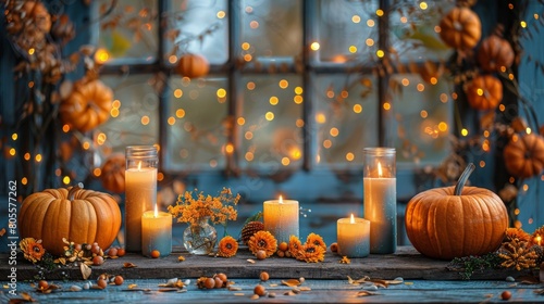 Table Adorned With Candles and Pumpkins