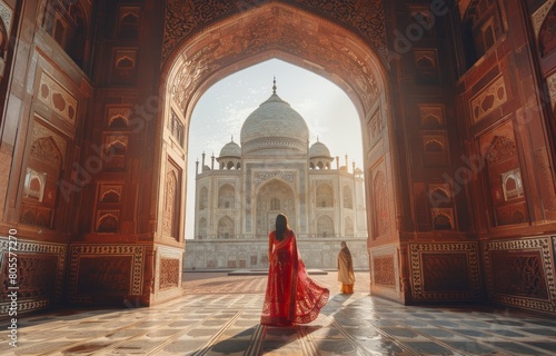 Woman in Red Dress Standing in Archway