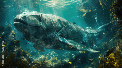 underwater scene depicting a Mosasaurus, a fearsome marine reptile from the late Cretaceous period, hunting and navigating through the depths of an ancient ocean teeming with diverse aquatic life © Serega