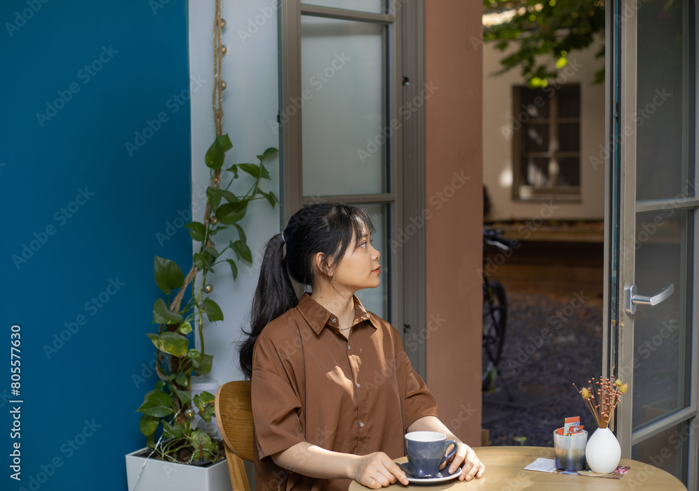 A beautiful attractive woman drinks coffee in the cafe. Coffee break. Morning light falls from the window
A beautiful attractive woman drinks coffee in the cafe. Coffee break. Morning light falls from the window
