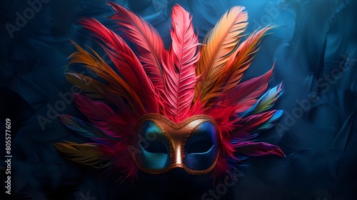 Vibrant Carnival Mask with Feathers - Bold Colors, Festive Costume Accessory, and Carnival Spirit