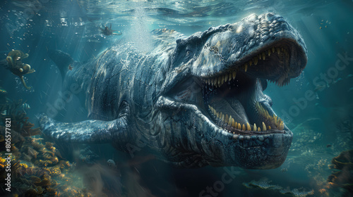 underwater scene depicting a Mosasaurus, a fearsome marine reptile from the late Cretaceous period, hunting and navigating through the depths of an ancient ocean teeming with diverse aquatic life photo