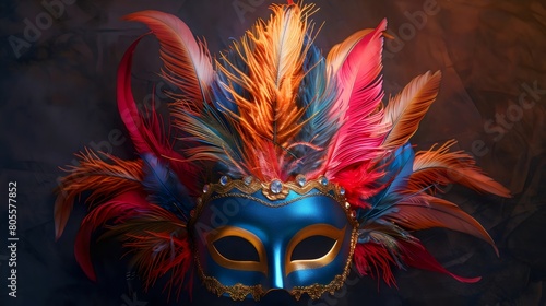 Vibrant Carnival Mask with Feathers - Bold Colors, Festive Costume Accessory, and Carnival Spirit