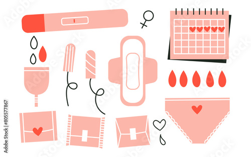 Menstruation icon set. Collection of menstrual cycle, periods vector design elements. Periods pad, menstrual cup, tampons, pregnancy test, blood drops. Flat vector illustration. Trendy abstract style