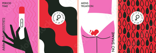 Menstruation set. Collection of menstrual cycle, periods vector design. Pregnancy test with negative result, blood drops. Flat vector illustration for posters, cover art, flyer, banner