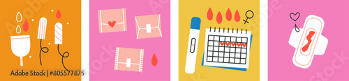 Collection of menstrual cycle, periods vector design elements. Menstruation icon set. Colorful periods pad, menstrual cup, tampons, test, blood drops. Flat vector illustration. Trendy abstract style