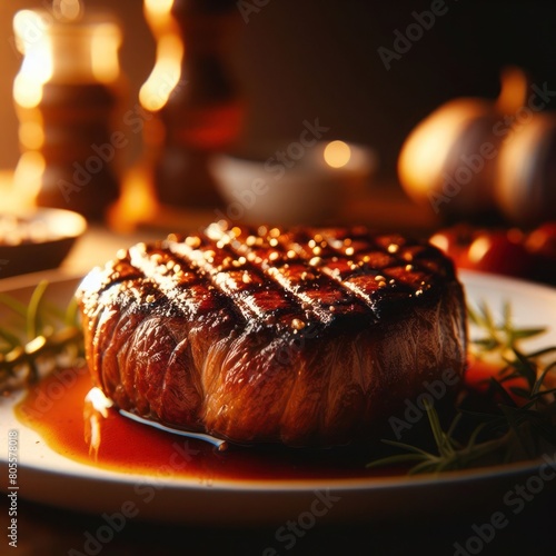 Illustration of a beautiful and very tempting and juicy freshly cooked steak on a blurred background photo