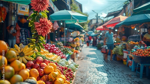 Vibrant street market exploration in Southeast Asia, local culture and colors, traveler interaction, YouTube thumbnail