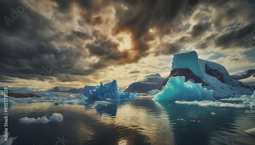 dark clouds above blue icebergs in disko bay greenland photo