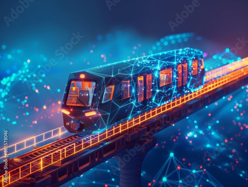 Neural lowpoly AI futuristic neon network of train