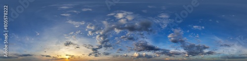 twilight blue sky 360 hdri panorama with evening clouds before sunset for use in 3d graphics or game development as skydome or edit drone shot or sky replacement in seamless equirectangular format