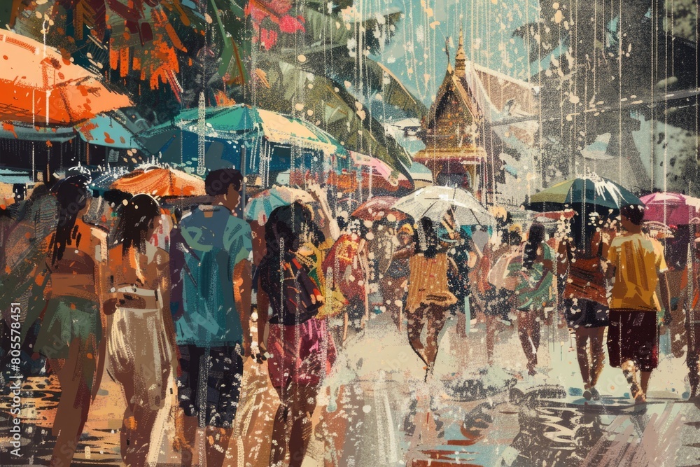 A painting of people walking in the rain with umbrellas. Suitable for weather or urban lifestyle concepts