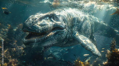 underwater scene depicting a Mosasaurus  a fearsome marine reptile from the late Cretaceous period  hunting and navigating through the depths of an ancient ocean teeming with diverse aquatic life