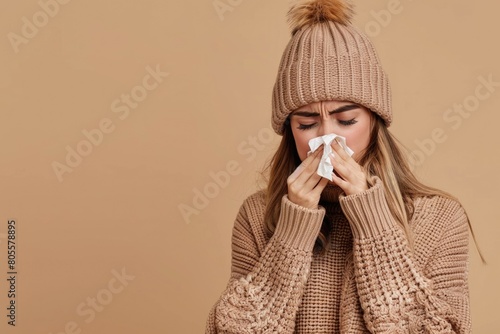 A woman in a knitted hat blowing her nose. Suitable for health and wellness concepts