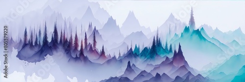 Draw steep peaks in blue ink. Watercolor mountains drawing on white and transparent background
