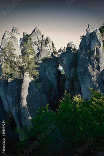 Gothic gate, Sulov rocks, Slovak republic. Seasonal natural scene. Hiking theme.