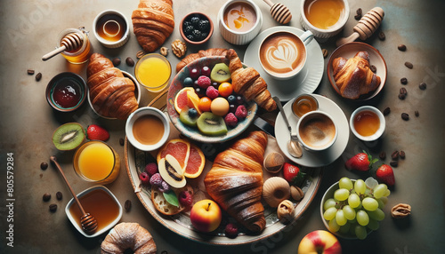 A top-down view of a delightful Italian breakfast spread with cappuccino, espresso, croissants, fresh fruits, pastries, jams, and honey on a warm, inviting table