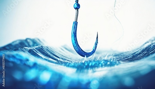 dynamic technology financial business phishing concept fishing hook in gross blue line going down on white background