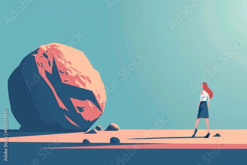 A woman standing in front of a large rock. Suitable for outdoor and nature themes