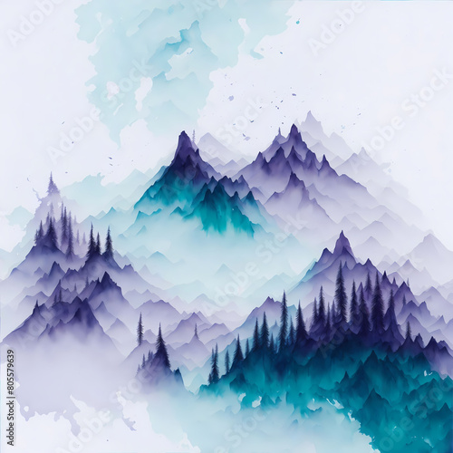 Draw steep peaks in blue ink. Watercolor mountains drawing on white and transparent background
