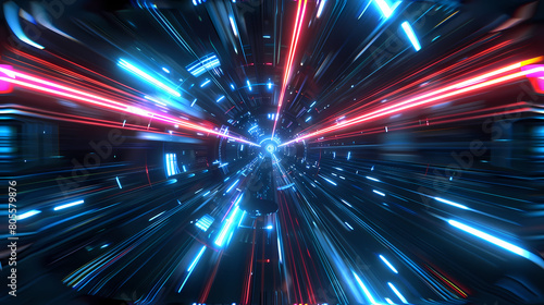 Hyperspace Travel Simulation in Blue and Red Lights