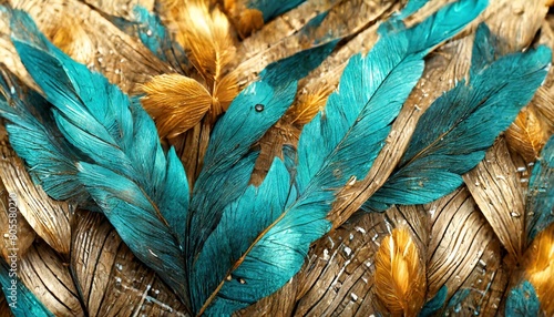 3d art wallpaper with blue turquoise gray leaves feathers golden highlights light background accented with wood wicker 3d panels in oak and nut photography seamless texture focus