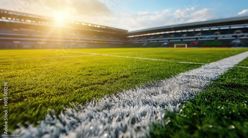 A ground-level view of a soccer field with the sun casting long shadows on the vibrant green grass
