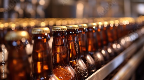 Series of beer bottles moving along a conveyor belt