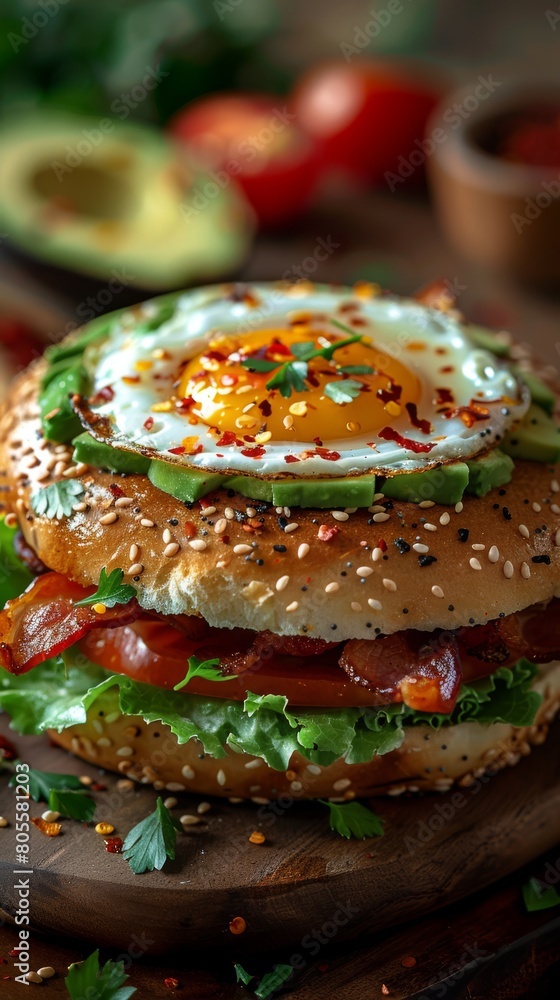 A hearty bagel sandwich loaded with creamy avocado mash, crispy bacon, and a perfectly fried egg, topped with fresh lettuce and a sprinkle of sesame seeds. A hearty bagel sandwich loaded with creamy avocado mash, crispy bacon, and a perfectly fried egg, topped with fresh lettuce and a sprinkle of sesame seeds.