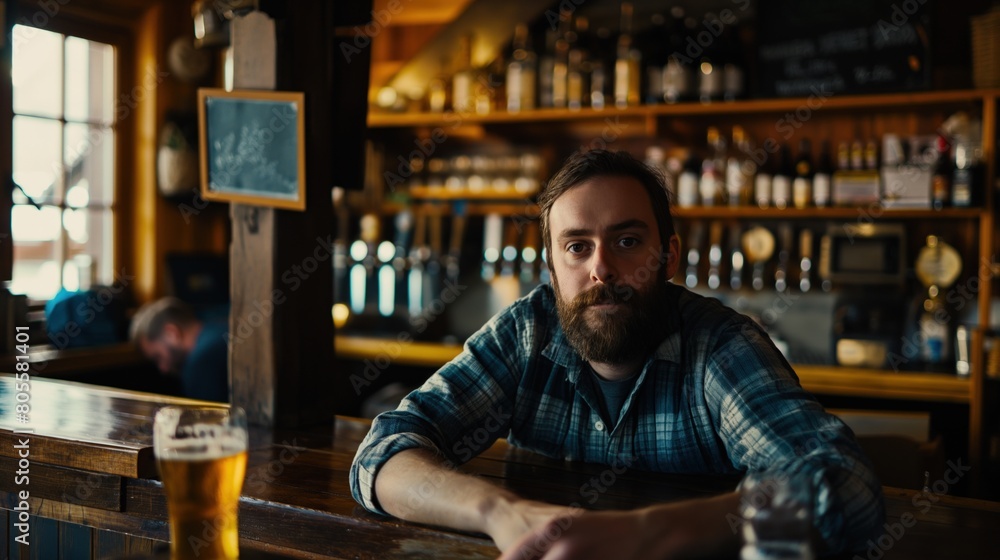 A man sitting at a bar with a glass of beer A man sitting at a bar with a glass of beer