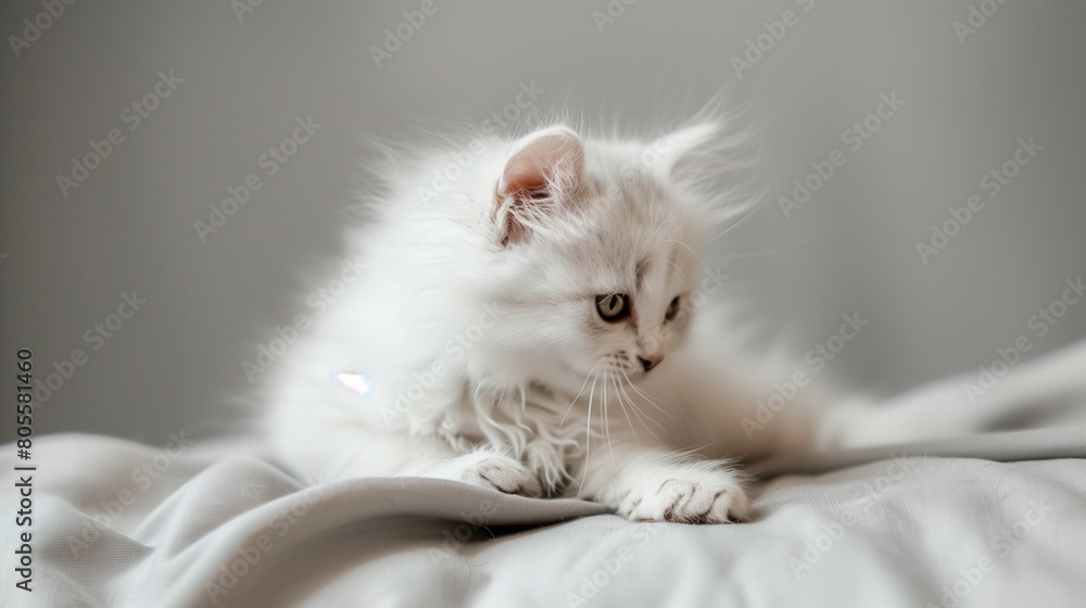A Pure White Kitten's Tranquil Moment Captured on a Soft Grey Background, Emphasizing its Peaceful Aura in High Resolution