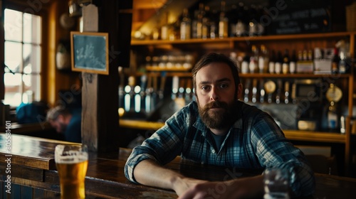 A man sitting at a bar with a glass of beer