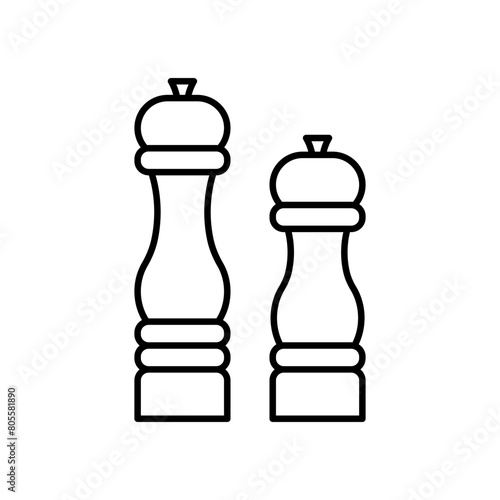 Pepper grinder line icon. Salt and pepper mills. Crafted wood containers for spieses. Editable linear illustration, thin stroke.